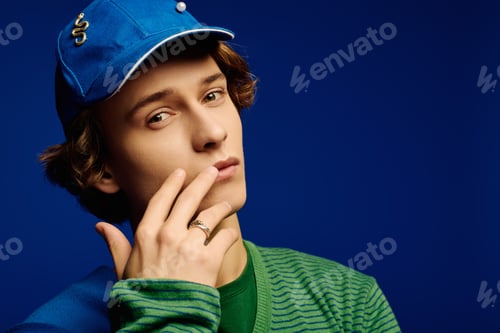 Preview: Young man showcases modern fashion with confident expression against a bold blue background