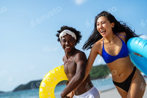 Preview: Romantic interracial couple enjoying a tropical honeymoon on a beach, embracing love and happiness