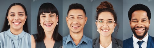 Preview: Collage, portrait and face of business people with smile, professional group and headshot on studio