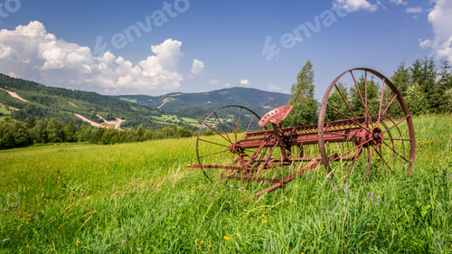 Preview: Red rake in a field in the mountains