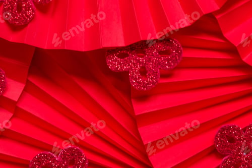 Preview: Chinese New Year .Decor pattern fan on red background. Red paper fans .Lunar New Year banner templa