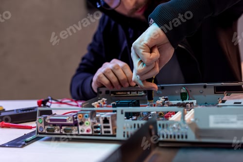 Preview: cropped image of man fixing computer