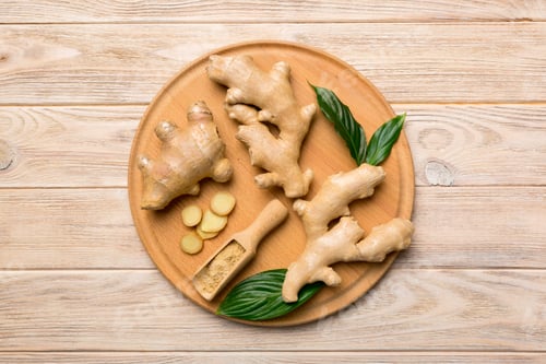 Preview: ginger on Cutting board table, top view. Space for text