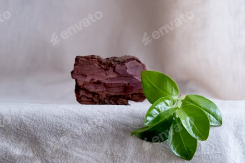 Preview: natural background for eco products. Linen, green plant, podium