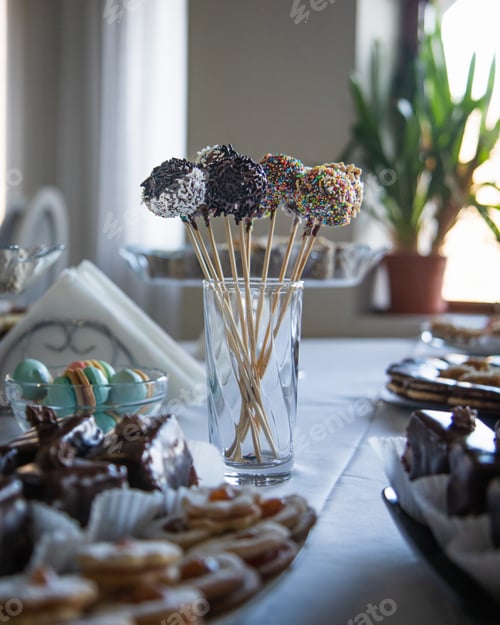 Preview: Chocolate cake pops with sprinkles in a tall glass set on a table with other desserts