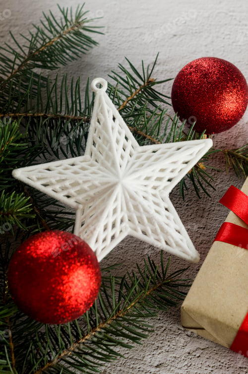 Preview: Christmas background with gift boxes, baubles, branches and ribbon