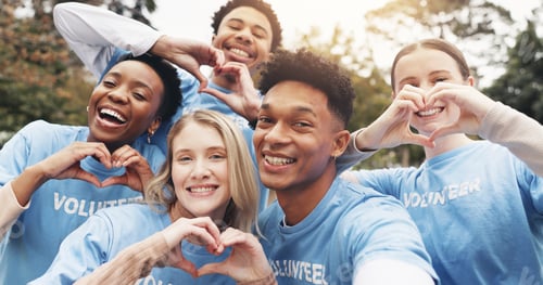 Preview: Selfie, volunteer and support of friends in park with heart hands for sustainable green project. di