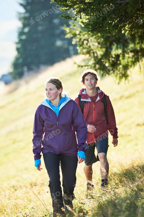 Preview: Hikers trekking on hillside, Manigod, Rhone-Alpes, France