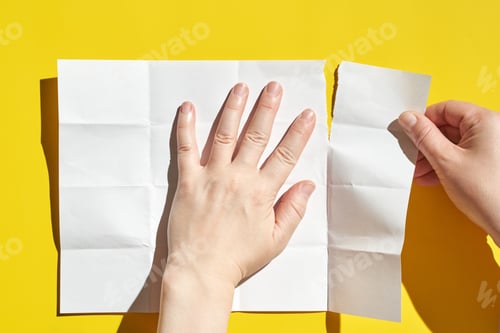 Preview: Caucasian female hands tearing white paper on bright yellow background