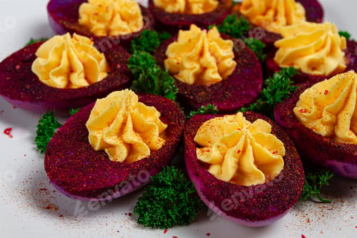 Preview: stuffed eggs, stained with beetroot juice, purple, pitaya powder, top view, top view, close-up,