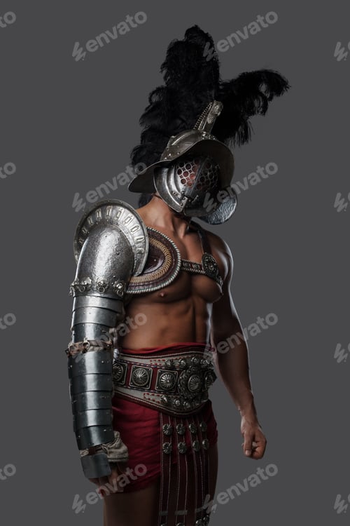 Preview: Strong roman gladiator dressed in light armor and plumed helmet