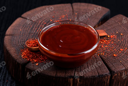 Preview: Ketchup in bowl on dark wooden background