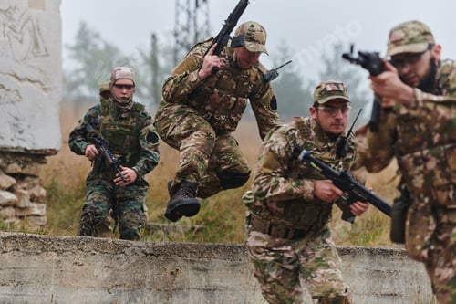Preview: A highly trained elite military unit, clad in camouflage, skillfully navigates through perilous