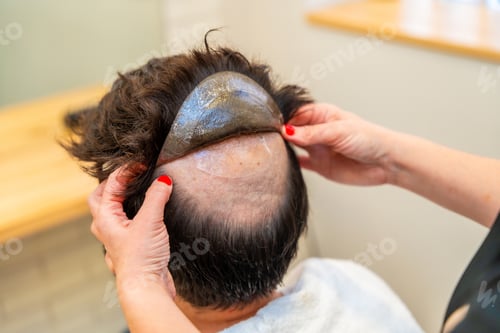 Preview: Hairdresser attaching a hairpiece using adhesive stickers