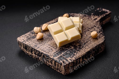 Preview: Delicious sweet white chocolate broken into cubes on a wooden cutting board