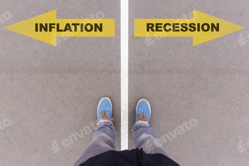 Preview: Inflation or recession choice, text on asphalt ground, feet and shoes on floor
