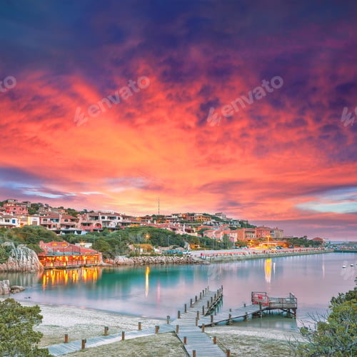 Preview: Unbelivable view of Porto Cervo town illuminated at sunset.