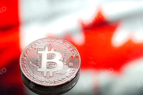 Preview: Coins Bitcoin, against the background of Canada flag.