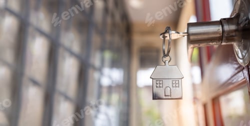 Preview: Open door to a new home. Door handle with key and home shaped Open the door and door handle with