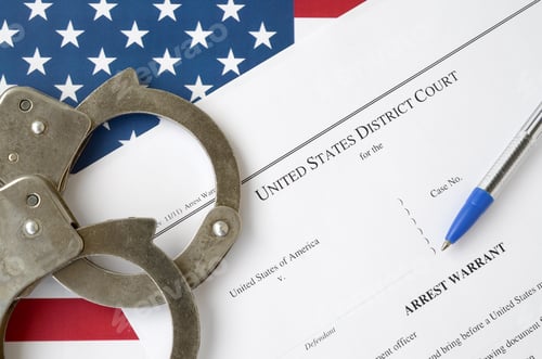 Preview: District Court Arrest Warrant court papers with handcuffs and blue pen