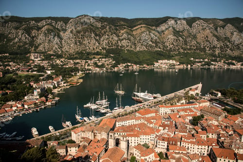 Preview: Elevated view of houses on coast, Kotor, Montenegro, Europe