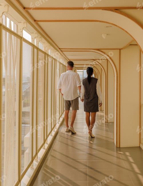 Preview: Couple on vacation at an art deco luxury hotel architecture from the 80s