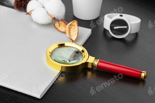 Preview: Modern workplace on wooden table with a lot of things on it. Top view