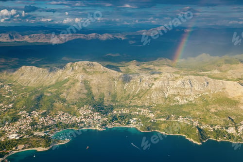 Preview: Picturesque aerial view with a rainbow, mountains and Adriatic coastline in Croatia