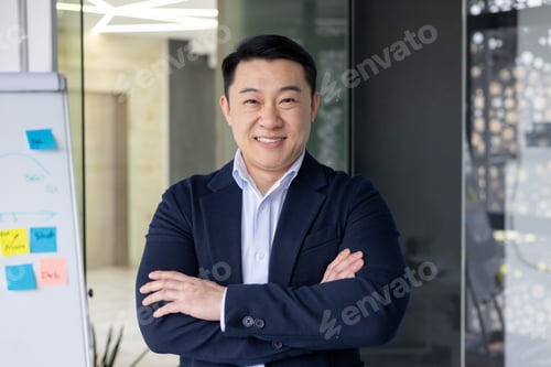 Preview: Confident Asian businessman standing with arms crossed in modern office environment, showcasing