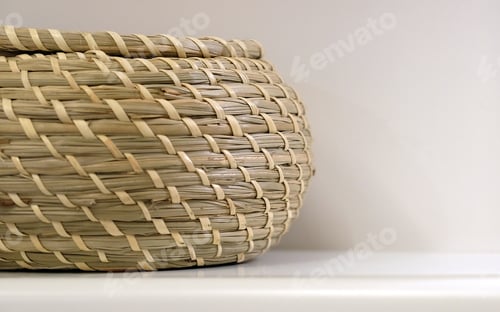 Preview: Wicker Basket On The Shelf In The Background Stand. Bathroom Interior Design.