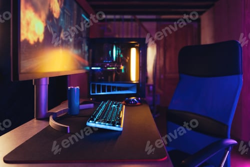 Preview: Professional gaming PC setup in neon room