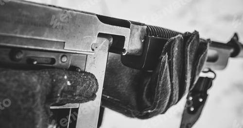 Preview: Usa Soldier With Old Thompson Sub-machine Gun. Close-up View Detail On Thompson Sub-machine Gun In