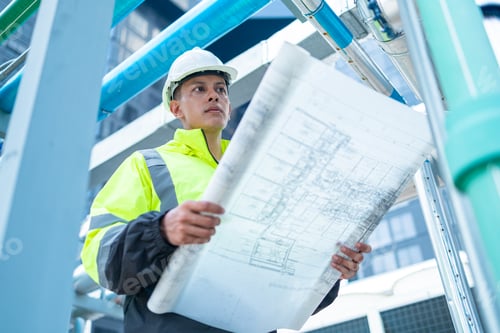 Preview: Engineer reads asbuil drawings to inspect chiller water pipes