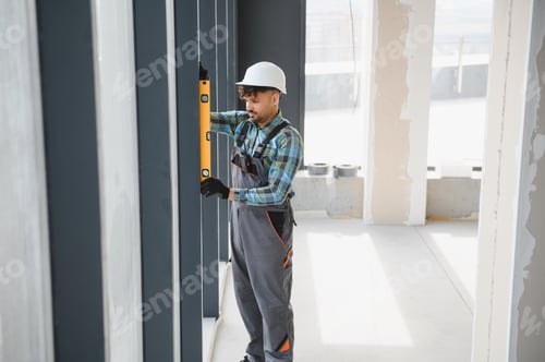 Preview: Construction worker using spirit level on window frame