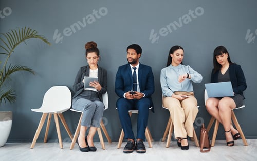 Preview: Recruitment, hiring and watch with business people in waiting room for schedule, hr or consulting.