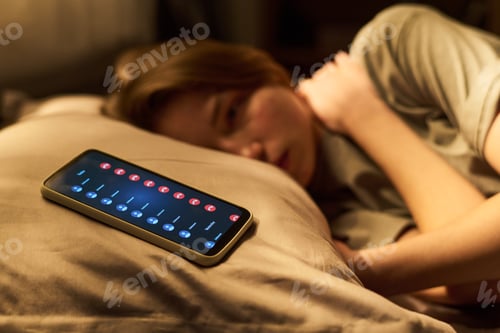 Preview: Young Woman Lying in Bed Staring at Smartphone with Missed Calls