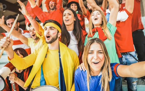 Preview: Young football supporter friends cheering and watching soccer cup match