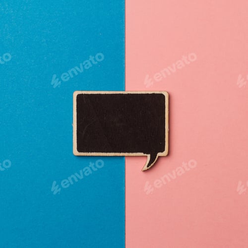 Preview: square empty chalkboard wooden speech bubble on pink and blue