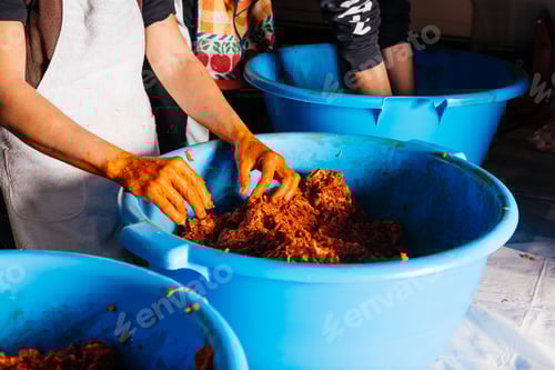 Preview: Crop of women hands mixing minced meat while making homemade sausages