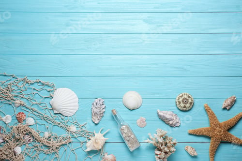 Preview: Flat lay composition with seashells and space for text on wooden background