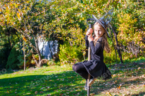 Preview: Adorable little girl in halloween witch costume having fun on broom