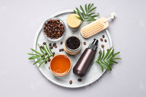 Preview: Coffee scrub for the body, in a transparent jar with care products, on a gray background.