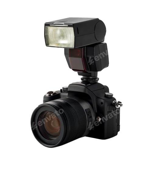 Preview: Photo camera and flash isolated on white background