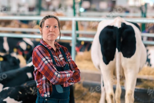 Preview: Female farmer in cow shed on a dairy livestock farm