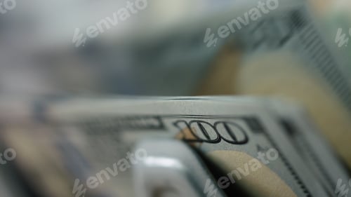 Preview: Macro view automatic counting money close up. Counter calculating dollar bills.
