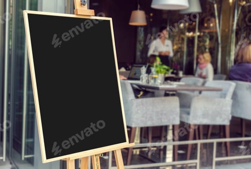 Preview: Blank restaurant menu blackboard with blury people