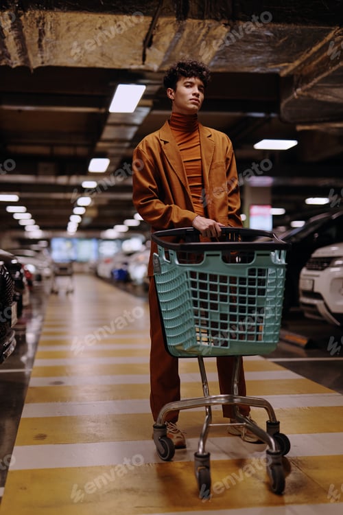 Preview: A young man in a brown outfit standing in a parking garage with a shopping cart The background