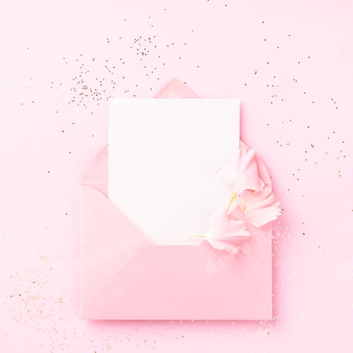 Preview: Blank White Card in Pink Envelope on Pink Background.