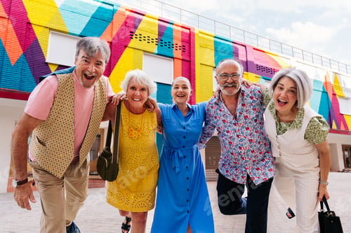 Preview: Group of senior friends meeting outddors in the city and having fun
