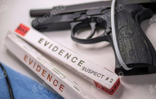 Preview: Sealed gun in crime lab next to DNA evidence, crime investigation, crime investigation